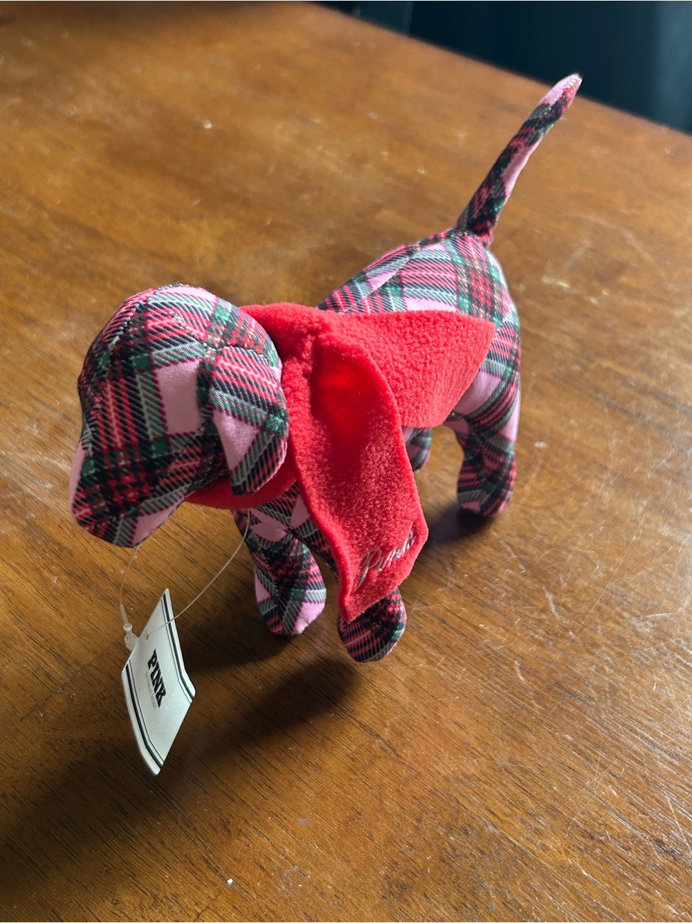 Victoria's Secret Pink Plaid Dachshund Plush Toy with Red Scarf NWT